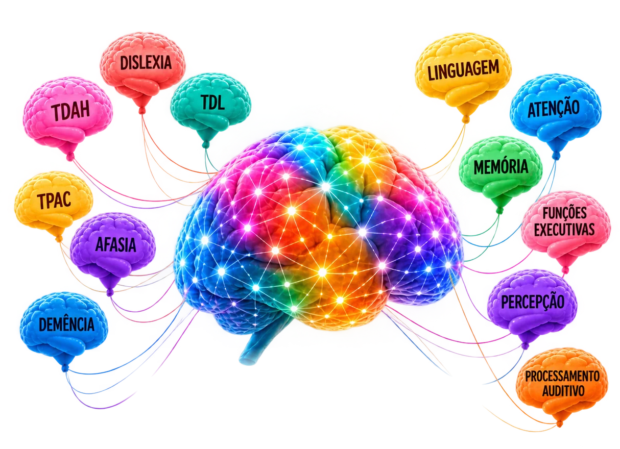 Cérebros-balão com os nomes TDAH, Dislexia, TDL, TPAC, Afasia, Demência, Linguagem, Atenção, Memória, Funções Executivas, Percepção e Processamento Auditivo, todos conectados a um único cérebro maior