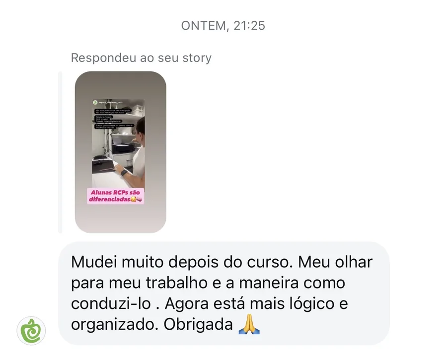 Depoimento de aluna pelo Instagram: mudei muito depois do curso, agora meu trabalho está mais lógico e organizado