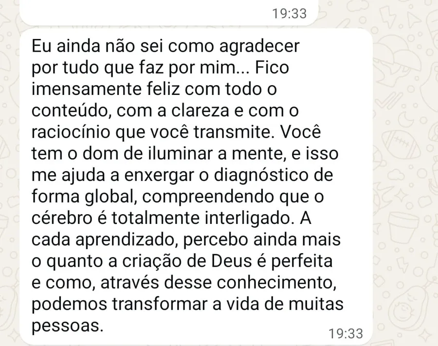 Depoimento da aluna Ana: o conteúdo me ajuda a enxergar o diagnóstico de forma global, compreendendo que o cérebro é totalmente interligado