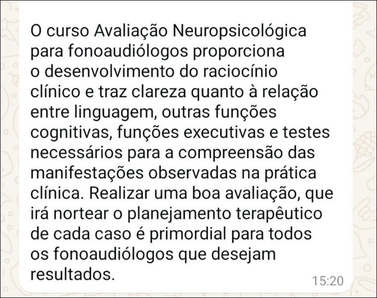 Depoimento da aluna Narli: o curso desenvolve o raciocínio clínico e traz clareza sobre a relação entre linguagem, funções cognitivas e testes
